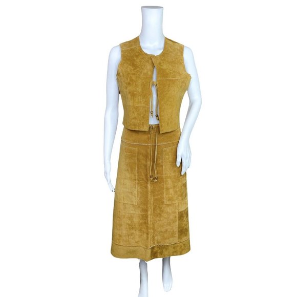 Wilsons Maxima Brown Suede Patchwork Skirt Vest 2 pc Skirt Suit Size 10 Medium - Picture 2 of 9